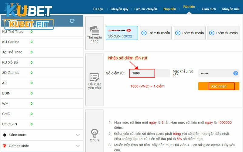Nhập số điểm cần rút tiền tại Kubet